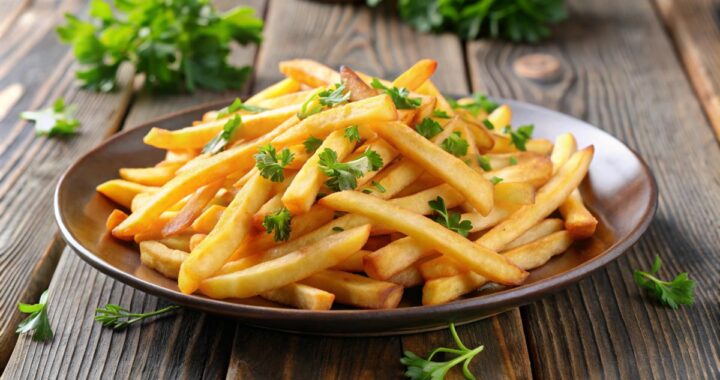 Papas fritas crujientes y doradas en una canasta de freidora de aire
