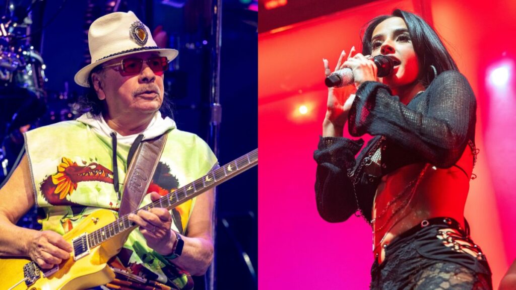Santana y Becky G cantando juntos en un estudio de grabación