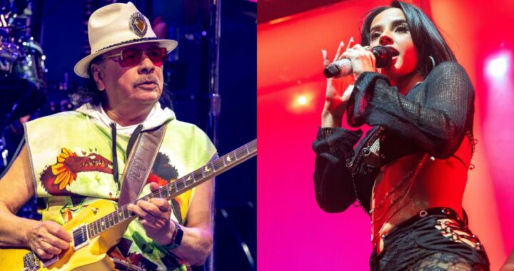 Santana y Becky G cantando juntos en un estudio de grabación