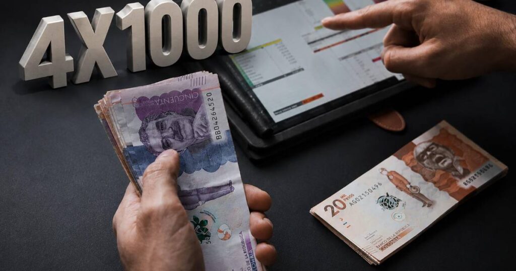 Una persona sostiene una tarjeta de débito con una expresión de preocupación, con un fondo de dinero y una ciudad colombiana.