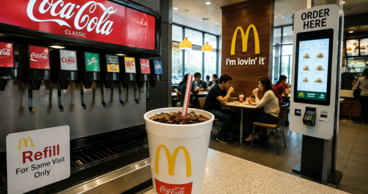 Una persona rellenando un vaso de refresco en un restaurante de comida rápida en Estados Unidos
