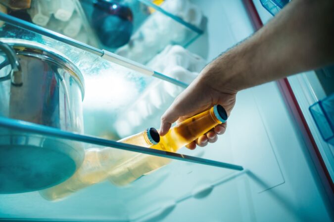 Una persona sosteniendo una cerveza fría de una estantería de refrigerador