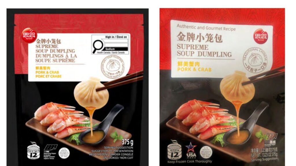 Imagen de dumplings congelados de cerdo y cangrejo en bolsa de plástico.