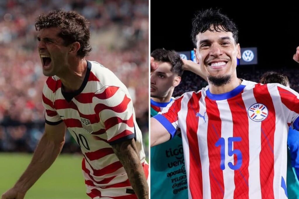 Jugadores de fútbol de EE. UU. y Paraguay en un estadio de fútbol