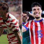 Jugadores de fútbol de EE. UU. y Paraguay en un estadio de fútbol
