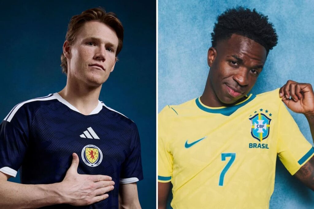 Imagen de jugadores de Escocia y Brasil en un partido de fútbol, con una pantalla de computadora mostrando el pronóstico de la IA
