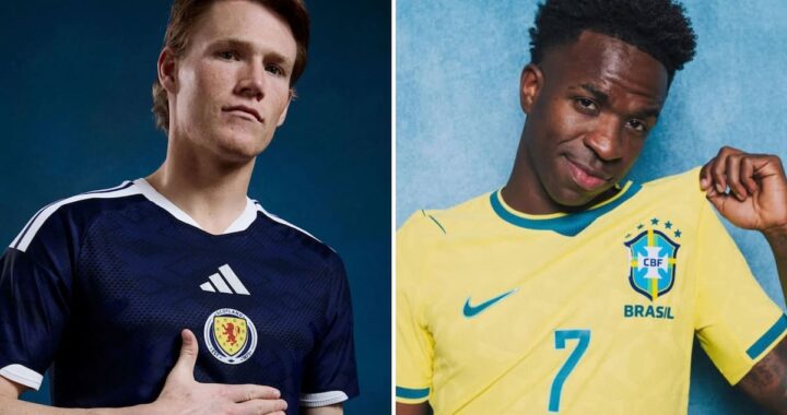 Imagen de jugadores de Escocia y Brasil en un partido de fútbol, con una pantalla de computadora mostrando el pronóstico de la IA