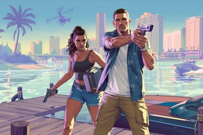 Imagen de la carátula oficial de Grand Theft Auto VI en un fondo de pantalla de una ciudad nocturna.