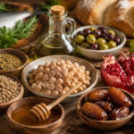 Una imagen de alimentos frescos y naturales como frutas, verduras, legumbres y pescado