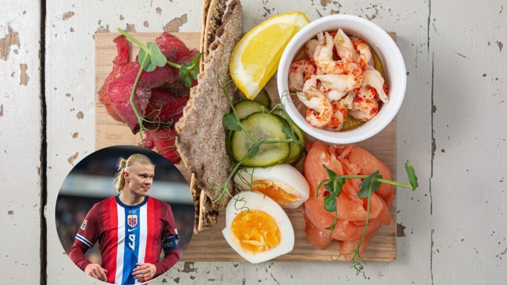 Jugadores de fútbol noruegos disfrutando de comida tradicional en el estadio del Mundial 2026