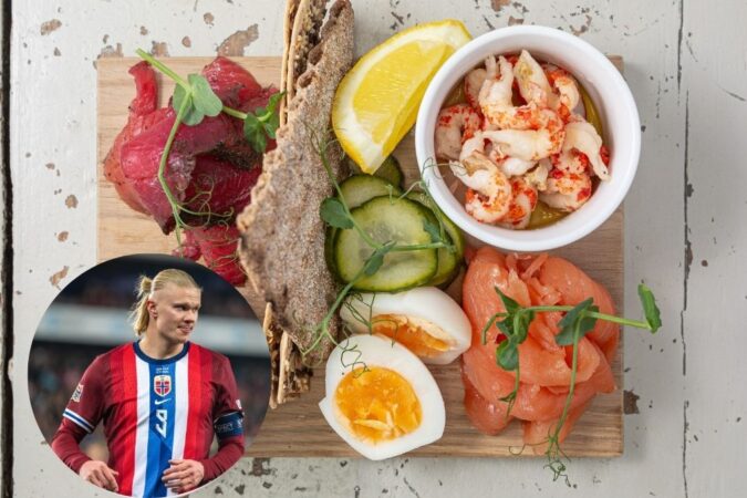 Jugadores de fútbol noruegos disfrutando de comida tradicional en el estadio del Mundial 2026