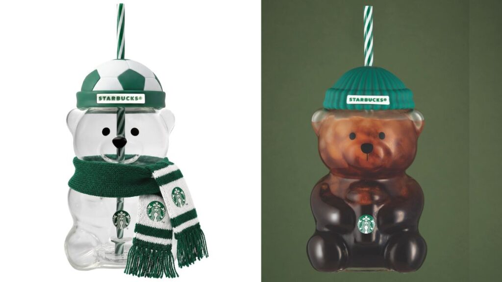 Un vaso transparente con forma de oso y una tapa que imita un balón de fútbol, el regreso del viral vaso Bearista de Starbucks