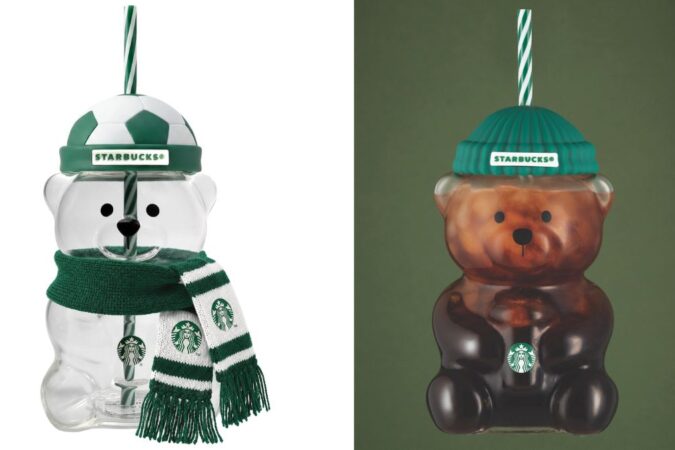 Un vaso transparente con forma de oso y una tapa que imita un balón de fútbol, el regreso del viral vaso Bearista de Starbucks